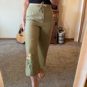 Susan Bristol green floral embroidered linen wide leg pants